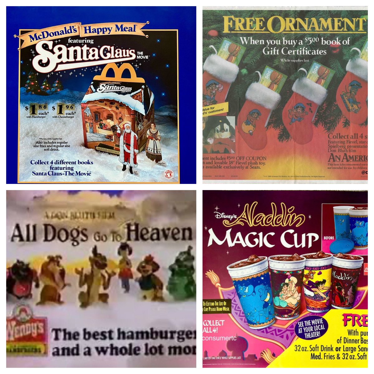 Screensaverblog's tweet photo. It’s #SantaClaus #Fievel #Aladdin and more - all coming home for the #Holidays for some retro #FastFood memories in the latest @Screensaverblog ! https://t.co/OmUv2JKLDE https://t.co/XUj4JLGugP