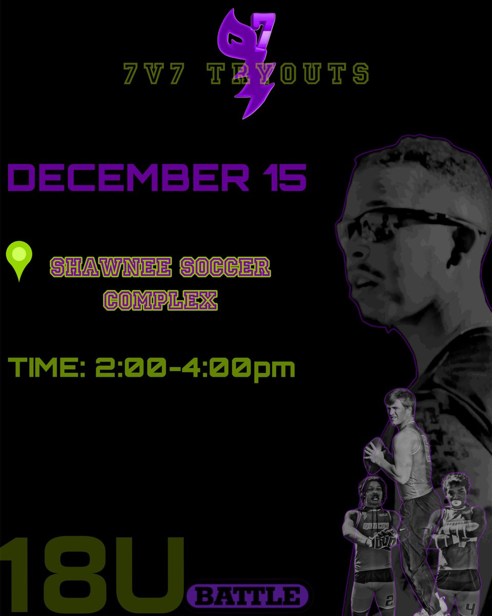 ⚡️WE BACK ⚡️

DEC. 15th 🗓️

📍SSA Shawnee, OK

Q7 TRYOUTS- MUST register in the event link below. NO walk ups!

eventbrite.com/e/q7-7v7-tryou…

Who’s going to make the cut &amp; come ball with the #Q7Elites??? 

“Go Getters Only”!