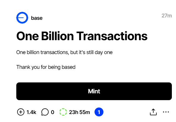 vasuxbt's tweet photo. Mint One Billion Transactions NFT by @Base Official

Zora: https://t.co/mOZddkDN2b
Only 24 hours left!

I'm minting because the last few Base collections performed well https://t.co/tkKtIQuGyK