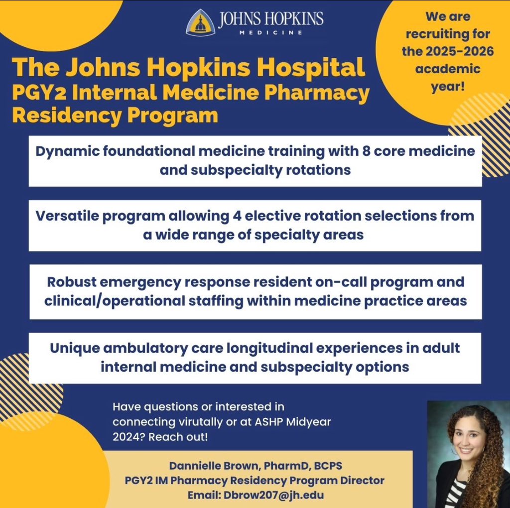 InternalPharm's tweet image. Love IM? Want to learn from a superstar team of pharmacists at a world renowned hospital system? GREAT NEWS! We are recruiting for our 2025 Internal Medicine PGY-2 :) 

For more info see below:

hopkinsmedicine.org/pharmacy/resid…