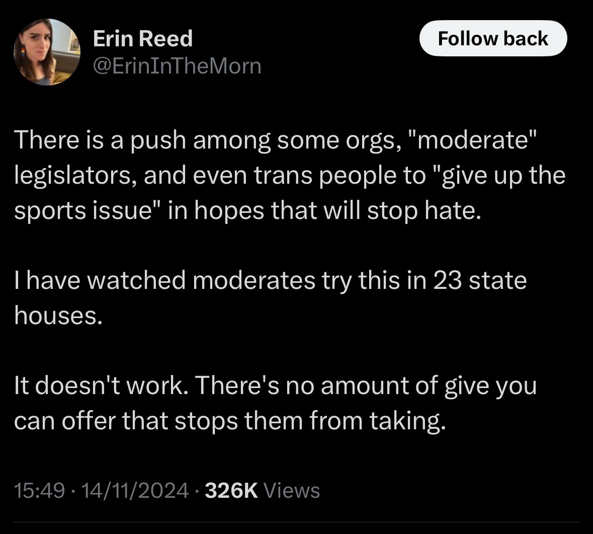 Nobody’s ‘taking’ except you. You demand that women and girls give up their rights and spaces to you. You insist there are no contexts in which a man shouldn’t be considered a woman if he says he’s one. Your aggression, entitlement and overreach brought pushback. This is on you.