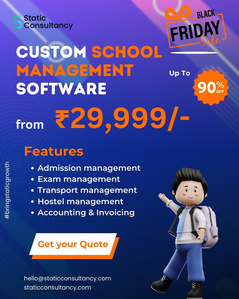 staticcoders's tweet photo. Black Friday Deal! 📚
Get Custom School Management Software from ₹29,999/-!
Manage Admissions, Exams, Transport, Hostels, and Accounting seamlessly.
Hurry—Up to 90% OFF!

.
.
.
.

#BlackFridaySale #SchoolManagement #EducationSoftware #CustomSoftware #StaticConsultancy https://t.co/hTxfN6xWVq