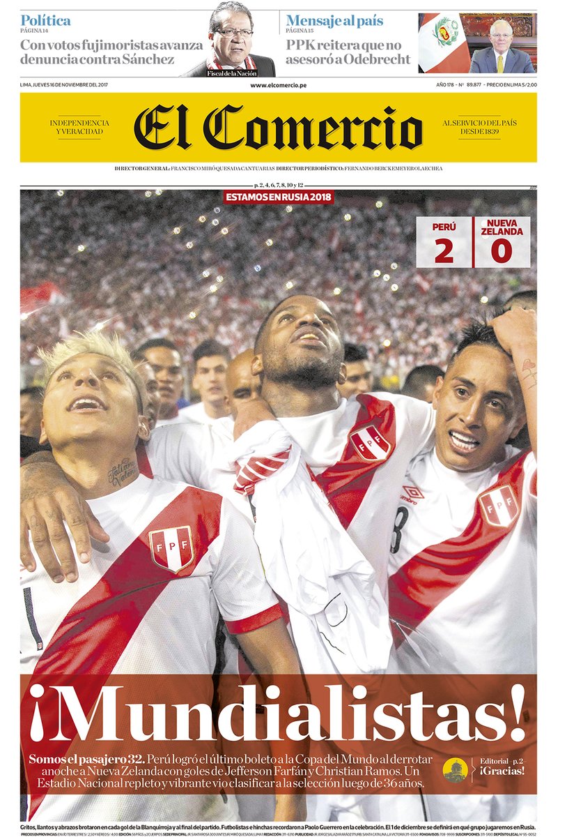 Archivo_ECpe's tweet image. #Efemérides: el 15 de noviembre de 2017 Perú ganó 2-0 a Nueva Zelanda en el repechaje mundialista (fue la vuelta, la ida fue 0 a 0 en NZ). Perú clasificó a un mundial 36 años después. Rusia 2018 nos esperó con los brazos abiertos. Esa victoria ocurrió #UnDiaComoHoy hace 7 años.