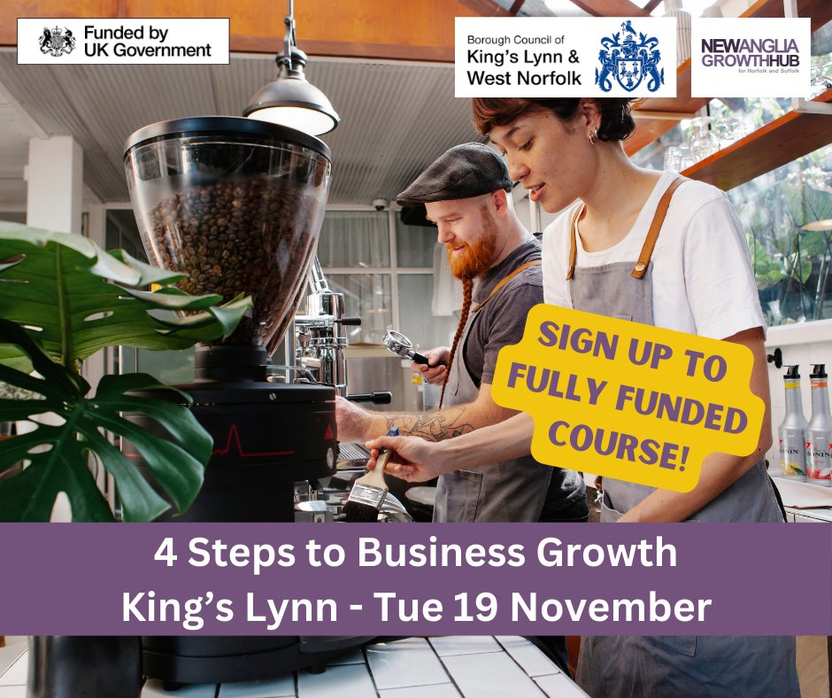 ⌛ LAST SPACES for '4 Steps to Business Growth workshop'! #WestNorfolk businesses, join us for this on your doorstep!

Tue 19 Nov, 9.15-12.45, #Kingslynn
>>> BOOK HERE eventbrite.com/e/989035260087…
Open to any business, freelancer or charity in #Norfolk (trading 12+ months). #ukspf
