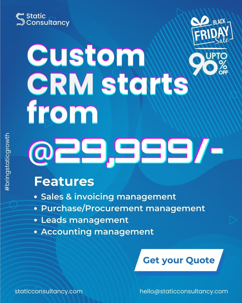 staticcoders's tweet photo. 🎉 Black Friday Special! 🎉
Get a Custom CRM starting at just ₹29,999/-!
Manage Sales, Purchases, Leads, and Accounting with ease.
Don’t miss out—Up to 90% OFF!
.
.
.

#BlackFridaySale #CRM #BusinessGrowth #CustomCRM #SalesManagement #StaticConsultancy #Deals #BlackFriday2024 https://t.co/6v4gcXSpMy