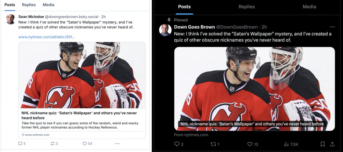 . <a href="/DownGoesBrown/">Down Goes Brown</a>, a prominent hockey writer posted the same article to BlueSky (left) and Xitter (right). Significantly more engagement on BlueSky. This isn't about your freedoms, or right to complain or whatever, this is communities speaking with their feet. Things are happening