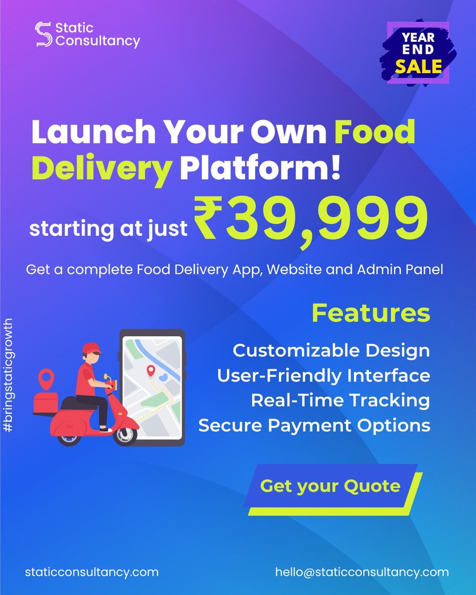 staticcoders's tweet photo. 🍽️ Black Friday Deal! 🍽️
Launch Your Own Food Delivery Platform starting at ₹39,999/-!
Grab it now—Up to 90% OFF!
.
.
.

:
#BlackFridaySale #FoodDelivery #CustomPlatform #StaticConsultancy #TechDeals #BusinessSolutions #RestaurantBusiness #BlackFriday2024 #DeliveryPlatform https://t.co/x5Z3JZh6Bw
