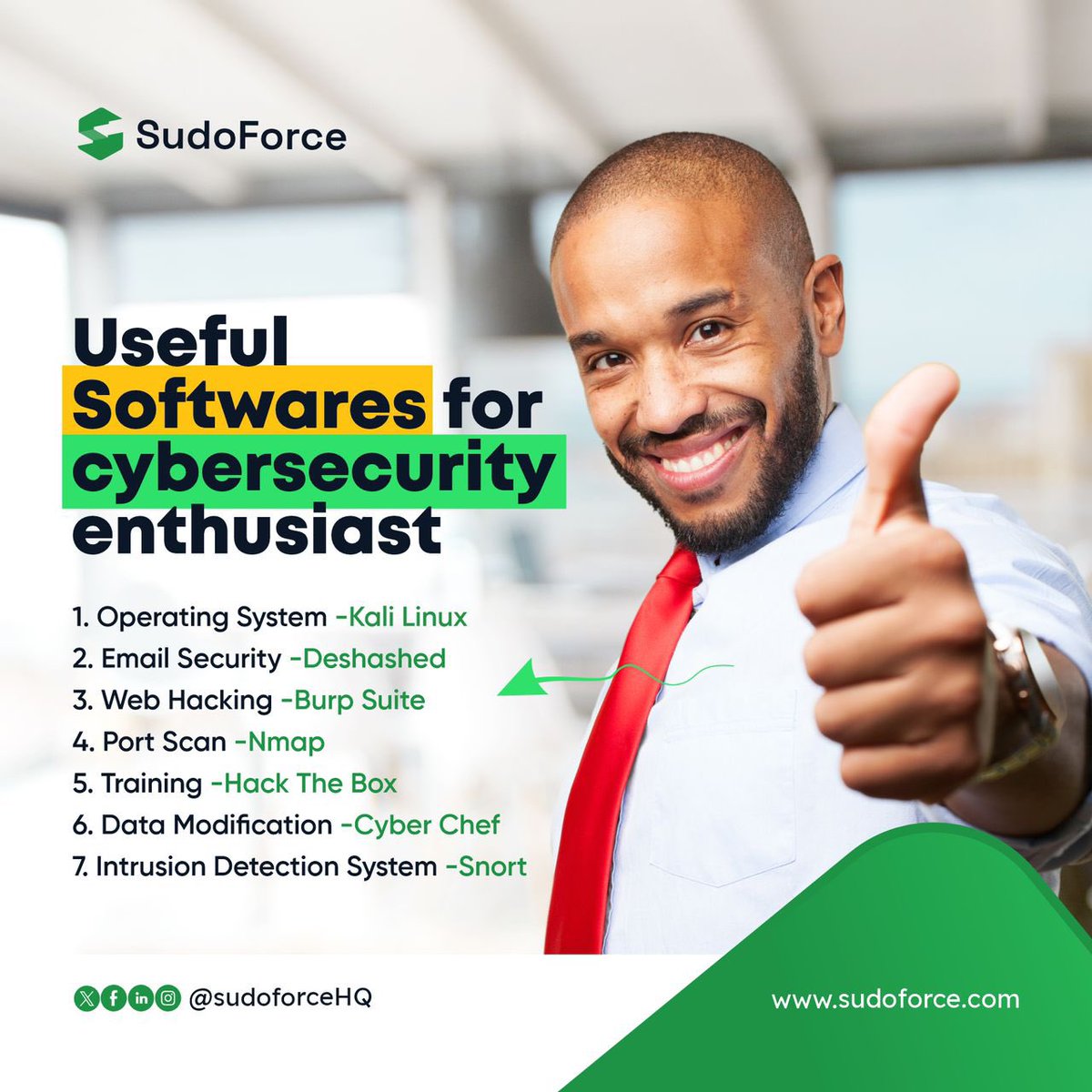 7 Useful Softwares You Need!

1. Kali Linux (OS)
2. Deshashed (Email Security)
3. Burp Suite (Web Hacking)
4. Nmap (Port Scan)
5. Hack The Box (Training)
6. Cyber Chef (Data Modification)
7. Snort (Intrusion Detection)

Follow us for more #cybersecurity insights!