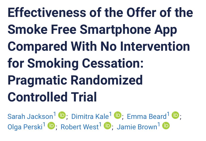 Sarah Jackson (@drsarahejackson) on Twitter photo New paper in <a href="/JMIR_/">Journal of Medical Internet Research</a> describes the results of a pragmatic online RCT testing the effectiveness of offering people motivated to stop smoking the enhanced version of <a href="/thesmokefreeapp/">Smoke Free App</a> 📱 vs no intervention 🔺
Overall, we saw no difference in quit rates (6m continuous abstinence): New paper in <a href="/JMIR_/">Journal of Medical Internet Research</a> describes the results of a pragmatic online RCT testing the effectiveness of offering people motivated to stop smoking the enhanced version of <a href="/thesmokefreeapp/">Smoke Free App</a> 📱 vs no intervention 🔺
Overall, we saw no difference in quit rates (6m continuous abstinence):