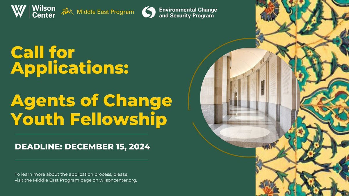 WilsonCenterMEP's tweet photo. Applications are now open for the @TheWilsonCenter Agents of Change Youth Fellowship!

👥 Applicants: Must be from the #MENA region
🗓️ Deadline: Dec 15, 2024
🖇️ @NewSecurityBeat &amp; @WilsonCenterMEP 
📍For more info and to apply: https://t.co/Bg03Ag7kEr https://t.co/784cqjZPGv