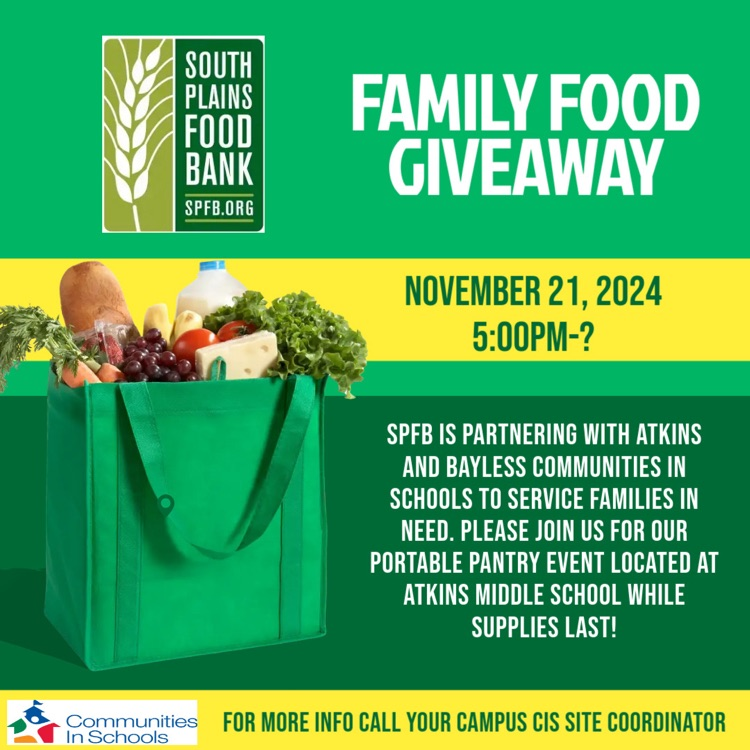 BaylessLISD's tweet photo. November 21 food bank will be at Atkins Middle School! Starting at 5 pm https://t.co/N8WG4gnY5i