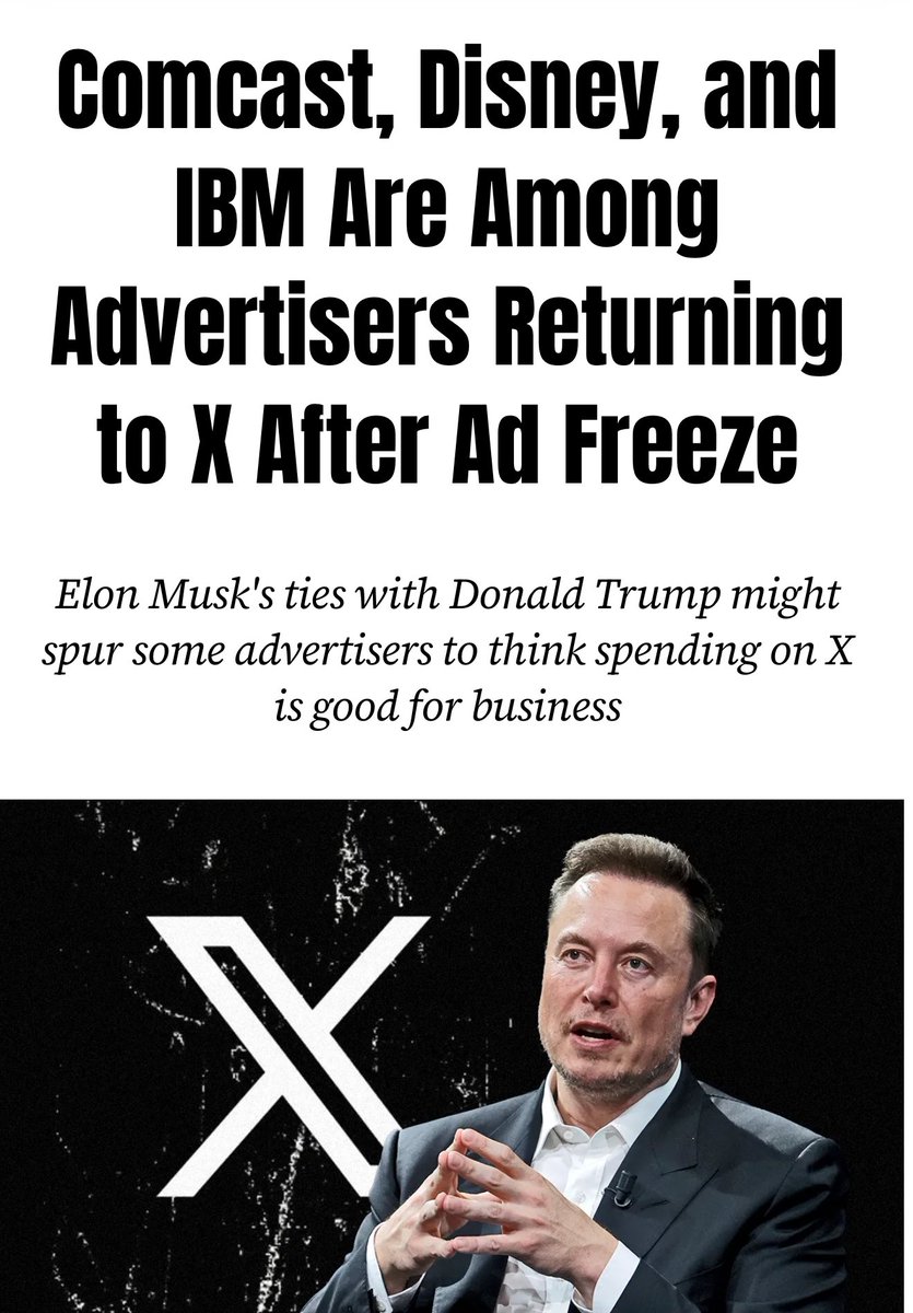xDaily's tweet photo. NEWS: Disney, IBM, Comcast, Warner Bros. Discovery, and Lionsgate Entertainment will resume advertising on X after boycotting it last year. https://t.co/Dasi0YZ57t