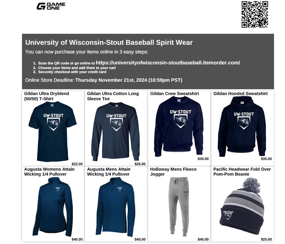 Get your UW-Stout Baseball Apparel order NOW! Deadline to get items is November 21 at Midnight. Items will be delivered before Christmas! 

…wisconsin-stoutbaseball.itemorder.com/shop/home/