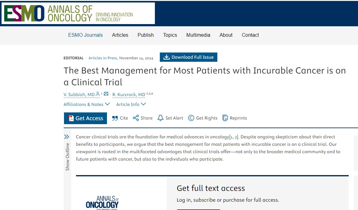 Vivek Subbiah, MD (@viveksubbiah) on Twitter photo 🚨🥁🔔 Hot off the press! 🔔
We are thrilled to share the pre-proof version of our latest editorial in <a href="/myESMO/">ESMO - Eur. Oncology</a> flagship journal <a href="/Annals_Oncology/">Annals of Oncology</a> 👉"The Best Management for Most Patients with Incurable Cancer is on a Clinical Trial." <a href="/Dr_R_Kurzrock/">Razelle Kurzrock, MD</a>
👉Cancer clinical trials are 🚨🥁🔔 Hot off the press! 🔔
We are thrilled to share the pre-proof version of our latest editorial in <a href="/myESMO/">ESMO - Eur. Oncology</a> flagship journal <a href="/Annals_Oncology/">Annals of Oncology</a> 👉"The Best Management for Most Patients with Incurable Cancer is on a Clinical Trial." <a href="/Dr_R_Kurzrock/">Razelle Kurzrock, MD</a>
👉Cancer clinical trials are