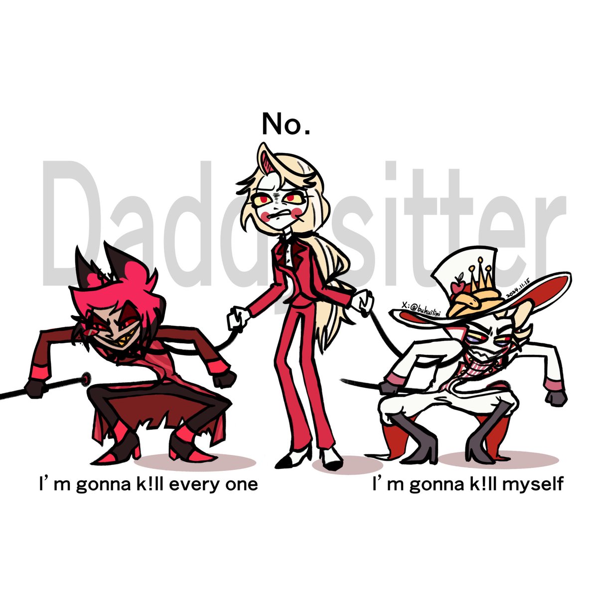 buhuilini's tweet photo. DONE☑️ ✌️

I don’t even know why, but I ended up drawing this instead, LOL

Loving the idea of Daddysitter. Genius!

#Hazbin 
#HazbinHotelFanart #HazbinHotelAlastor #HazbinHotelLucifer
#HazbinHotelCharlie https://t.co/2h7FQaFNip