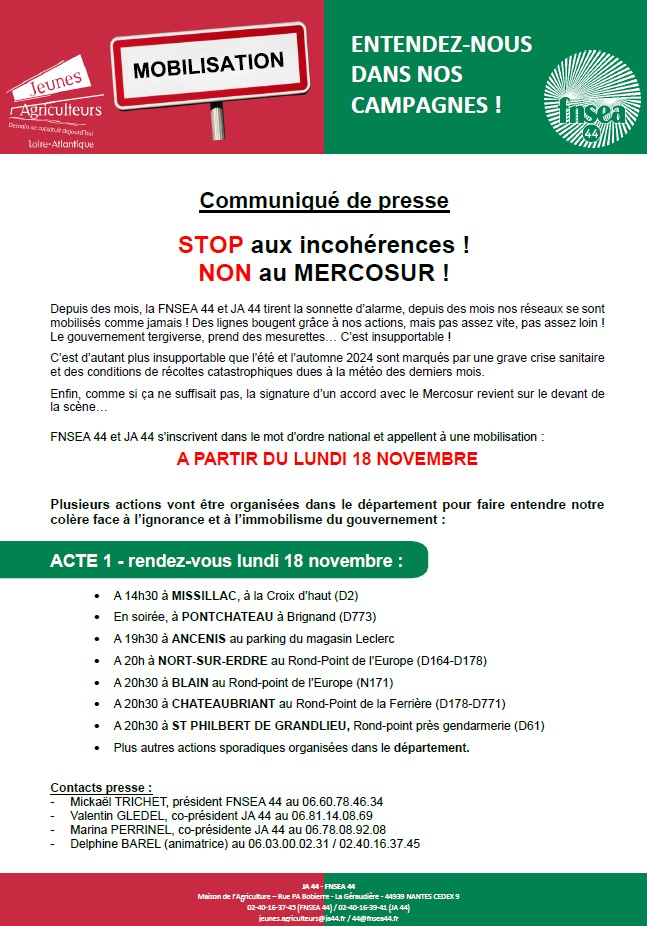 [📢Appel à mobilisation]
👊🔥On marche encore sur la tête !! 

La FNSEA44 et <a href="/jeunesagri44/">Jeunes Agriculteurs de Loire-Atlantique JA44</a> appellent les agriculteurs à se mobiliser dès lundi 18 novembre !
#Pasdefutursansagriculture #AgriculteursEnColere 
#FNSEA