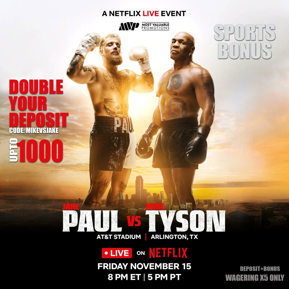 🥊 The fight of the year is HERE! Jake Paul vs. Mike Tyson goes down tonight!

Double your deposit up to $1,000 with code MIKEVSJAKE 💸 Who are you backing in this epic showdown? Let’s get ready to rumble! 🔥
betswagger.com/promotion/211/…

#PaulVsTyson #BetSwagger #FightNight