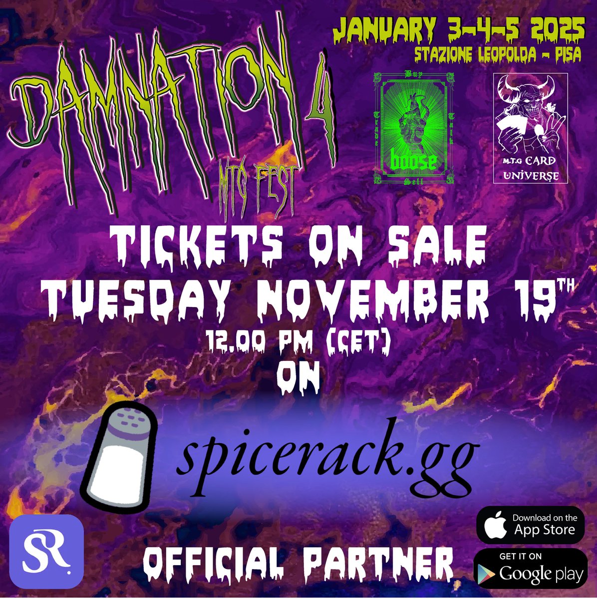 🇬🇧 Damnations Mtg Fest’s tournament tickets will be on sale on Tuesday November 19th at 12pm! 💥
Tickets will be avalaible on spicerack.gg website and App! 

🇮🇹 Le iscrizioni ai tornei del Damnation MTG Fest saranno aperte Martedì 19 Novembre dalle ore 12 sul sito e