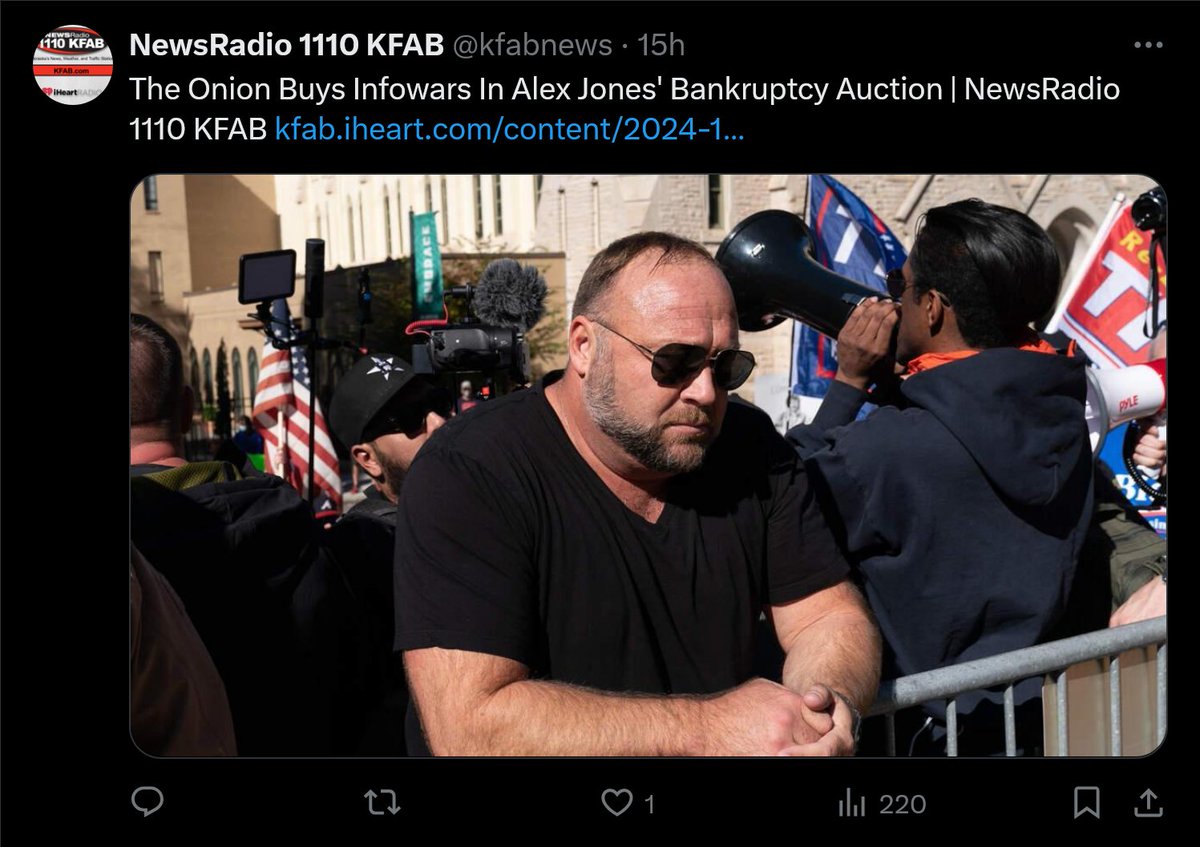 realfreenewsNE's tweet photo. Fake news KFAB reports that satirical news The Onion buys factual news Infowars in Alex Jone's bankruptcy auction ordered by a corrupt court system that politically prosecuted him over questioning the Sandy Hook Hoax. #nebraska #kfab #infowars #alexjones #auction #sandyhook #hoax https://t.co/2EWhtvWgaK