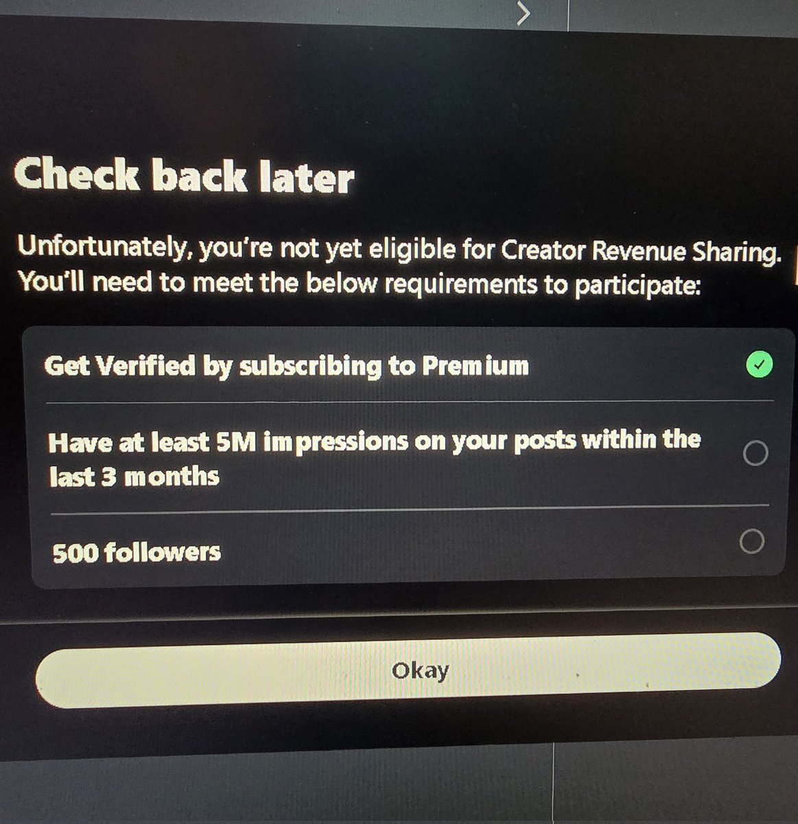 I got this
Just need 500 verified followers 
And get monetized 
Help me grow 🙏