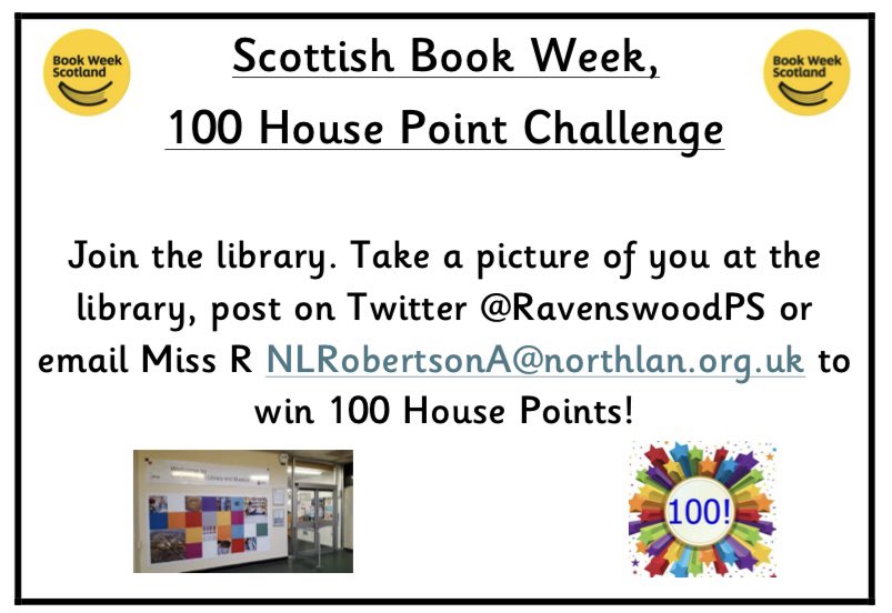 RavenswoodPS's tweet photo. To celebrate #BookWeekScotland, Miss R has some book themed challenges for you all! Should you complete a challenge you will earn House Points and will be celebrated at our assembly next week. Good luck! 📚🤞🏻#ReadingSchools @BookWeekScot https://t.co/ypGqUZPJXo