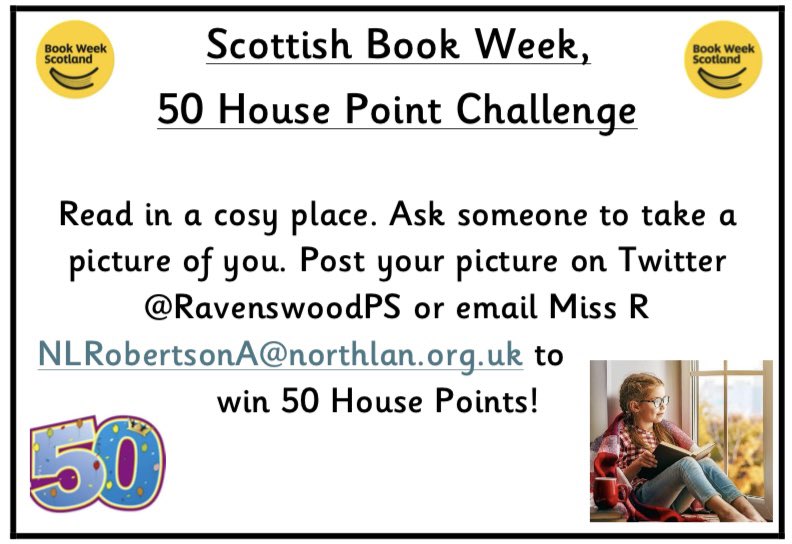 RavenswoodPS's tweet photo. To celebrate #BookWeekScotland, Miss R has some book themed challenges for you all! Should you complete a challenge you will earn House Points and will be celebrated at our assembly next week. Good luck! 📚🤞🏻#ReadingSchools @BookWeekScot https://t.co/ypGqUZPJXo