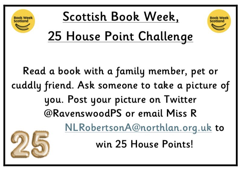 RavenswoodPS's tweet photo. To celebrate #BookWeekScotland, Miss R has some book themed challenges for you all! Should you complete a challenge you will earn House Points and will be celebrated at our assembly next week. Good luck! 📚🤞🏻#ReadingSchools @BookWeekScot https://t.co/ypGqUZPJXo