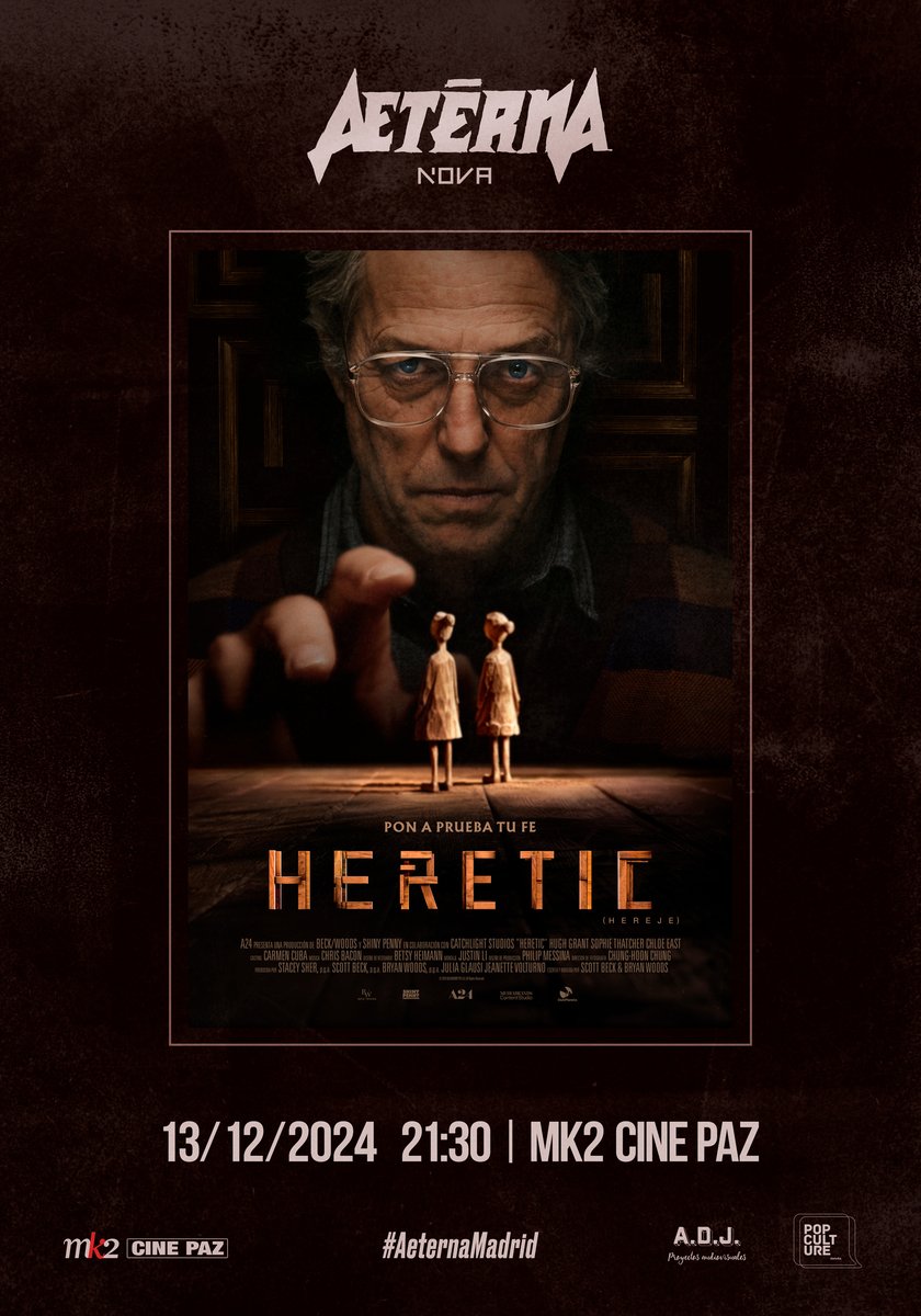 AeternaMadrid's tweet photo. 🚨 PREESTRENO AETERNA NOVA 🚨

El próximo 13 de diciembre, en @mk2cines Paz, conoceréis al señor Reed. Un hombre encantador, dispuesto a abriros las puertas de su casa; todo irá bien, aeternas y aeternos. O no. 

#HERETIC llega a #AeternaNova. 

ENTRADAS: https://t.co/7NUnh2eH19 https://t.co/l5Cwagi2M5