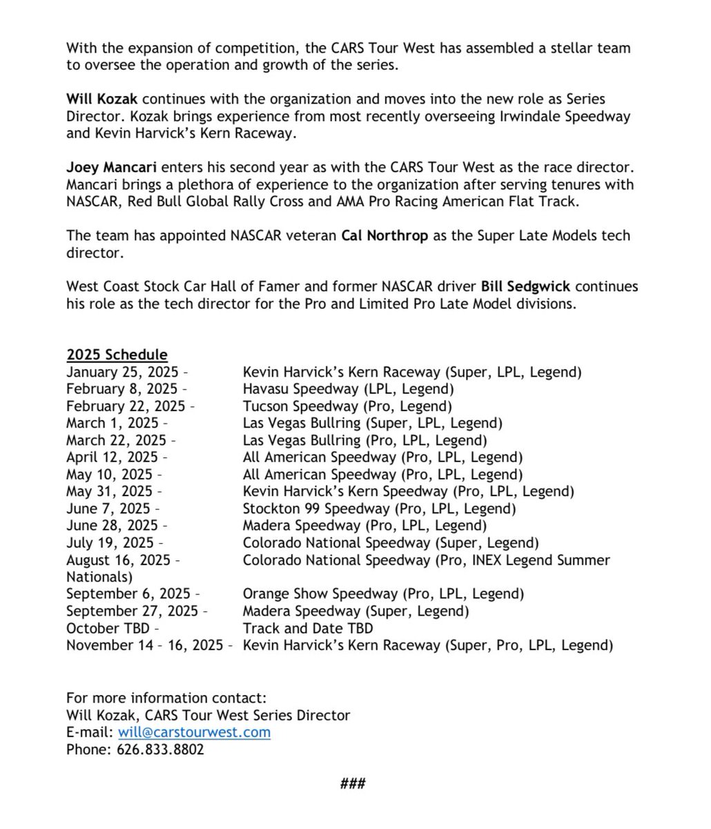 CARSTourWest's tweet photo. FOR IMMEDIATE RELEASE
CARS Tour West Announces Schedule and Competition Updates
——————————
For the complete release, visit
https://t.co/W0SivJN8jy
#CARSTourWest #SuperLates #ProLates #LimitedProLates #LegendCars https://t.co/ZkYoDIToq2
