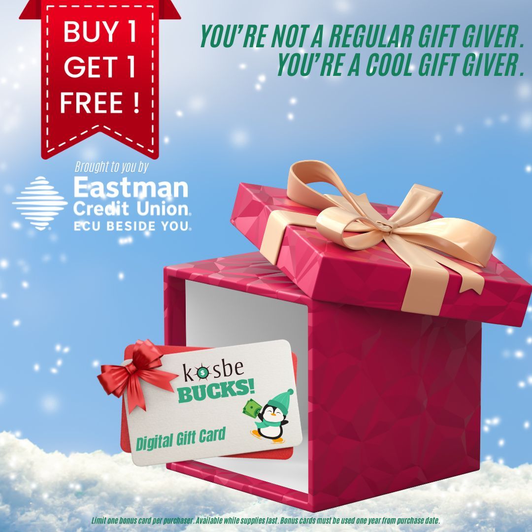 KOSBEConnection's tweet photo. You're not a regular gift giver. You're a cool gift giver!

Looking for something different to give this holiday season? Give KOSBE Bucks! 

Click the link in our bio to take advantage of our BOGO promotion, sponsored by Eastman Credit Union! https://t.co/EY3ePo37vF