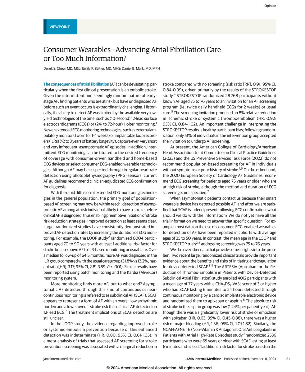 JAMA Internal Medicine (@jamainternalmed) on Twitter photo Viewpoint by Derek Chew, <a href="/EmilyZeitler/">Emily Zeitler</a>, & <a href="/DanMarkMD/">Daniel Mark</a>: While extended ECG monitoring technologies are increasingly detecting subclinical atrial fibrillation (SCAF), the benefits of anticoagulation therapy for this population remain uncertain.
ja.ma/3Z7Uwbn Viewpoint by Derek Chew, <a href="/EmilyZeitler/">Emily Zeitler</a>, & <a href="/DanMarkMD/">Daniel Mark</a>: While extended ECG monitoring technologies are increasingly detecting subclinical atrial fibrillation (SCAF), the benefits of anticoagulation therapy for this population remain uncertain.
ja.ma/3Z7Uwbn