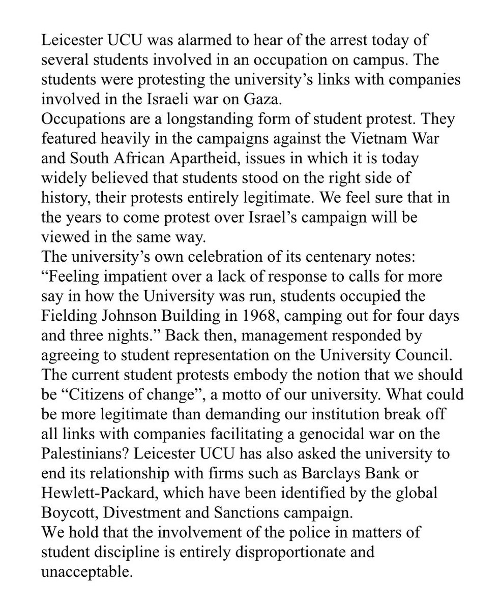 Leicester UCU statement regarding the arrests on campus today