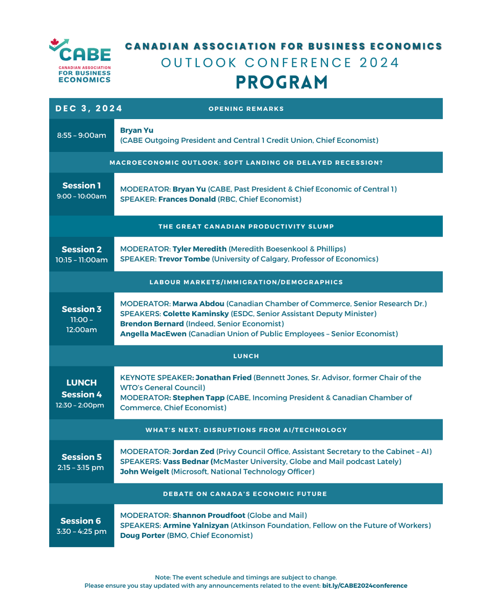 Program Announcement: Outlook Conference in Ottawa on DEC 3rd.
Consider taking a screenshot for easy access on your phone.

EARLY BIRD pricing ends today! Secure your seat at the conference now to take advantage of the discounted rate: bit.ly/CABE2024confer…