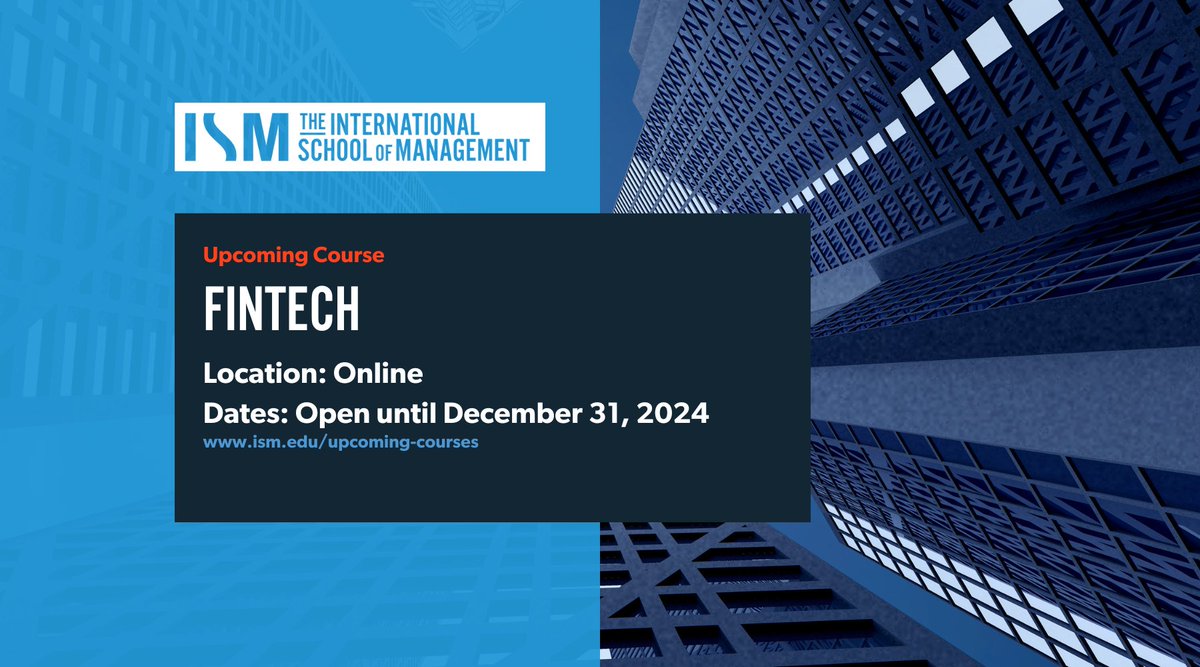 ismedu's tweet photo. 🌐 ISM’s Fintech course closes for registration next month! Don’t miss the chance to explore AI, Blockchain &amp; Big Data before the December deadline. Gain the skills needed to thrive in the digital finance landscape.

Learn more: https://t.co/KwtzTWSjCB https://t.co/imLTeWa8P4