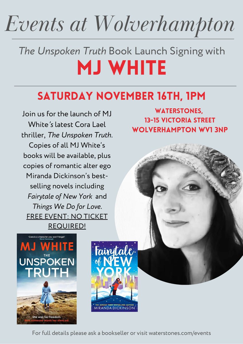Come to my book launch! 

I’ll be at the brilliant <a href="/WaterstonesWton/">Waterstones Wolverhampton</a> tomorrow (16th Nov) from 1pm, signing books and celebrating the publication of my fifth Cora Lael crime-thriller, #TheUnspokenTruth. Free event, no ticket required. Come and say hello! 

waterstones.com/events/mj-whit…