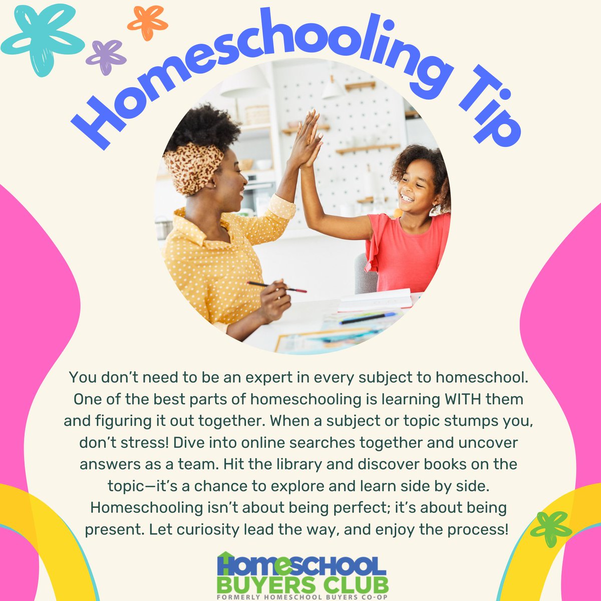 HSBuyersClub's tweet photo. Who says you need all the answers? (𝘏𝘪𝘯𝘵: 𝘺𝘰𝘶 𝘥𝘰𝘯'𝘵!) Homeschooling is a journey of growth for BOTH you and your kids. Every step forward together is something to celebrate! What’s been the most surprising thing you’ve learned alongside your kids? https://t.co/TqVRnmQJH8