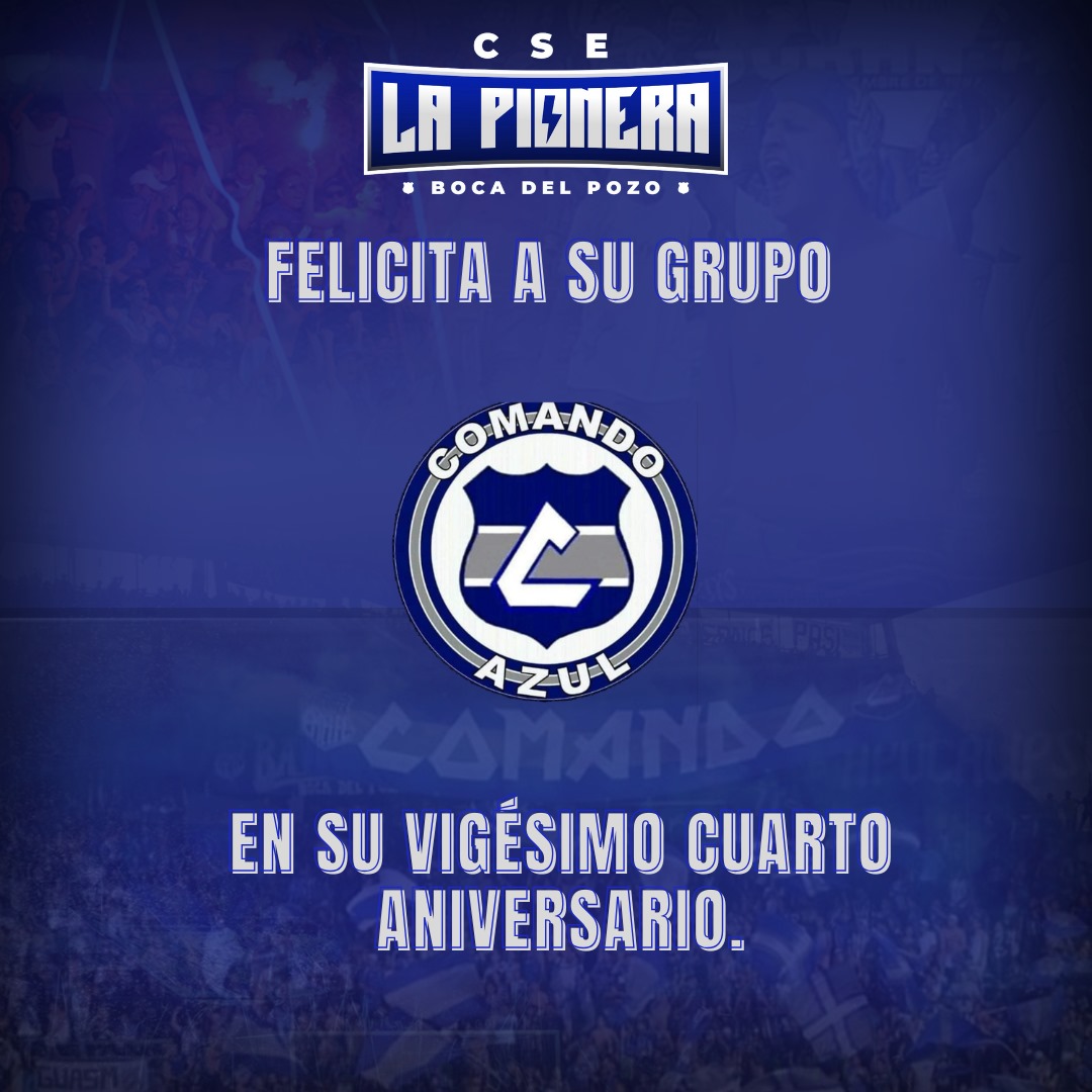 LaPioneraBdp's tweet photo. De parte de todos los que conformamos LA PIONERA BOCA DEL POZO, FELICITAMOS A NUESTRO GRUPO COMANDO AZUL POR UN AÑO MÁS ALENTANDO A EMELEC.
AGUANTE ESOS 24 AÑOS SOBRE EL TABLÓN.
FELICIDADES Y LARGA VIDA A LA FAMOSA BANDA DEL SUR LA DEL 2000.
#ComunicacionesBDP
#ComandoAzul
#24AÑO https://t.co/8H4ivyians