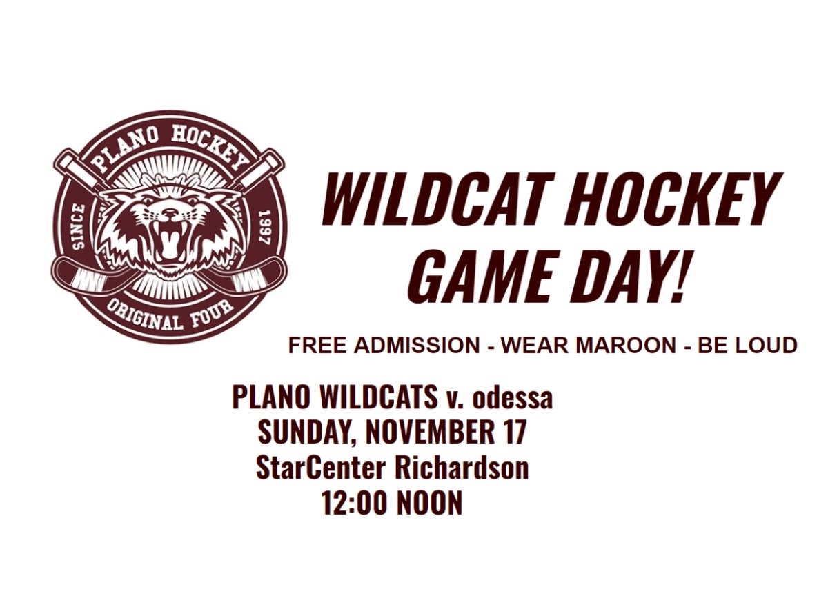 🏒 Wildcat Hockey Game Day! 🏒
Join us Sunday, Nov 17 at 12:00 PM at StarCenter Richardson as the Plano Wildcats face off against Odessa!
🎟️ FREE admission
👕 Wear maroon
📣 Bring the noise!
Let’s pack the rink and support our team! #WildcatPride #PlanoHockey