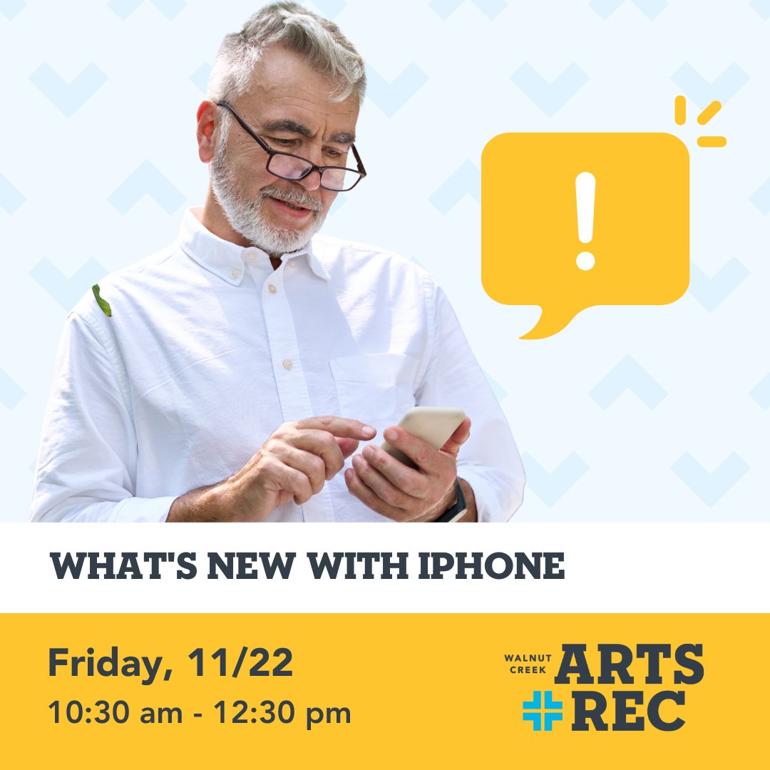 WCArtsRec's tweet image. What's New with iPhone
Friday, 11/22
10:30 am - 12:30 pm
Register Here: tinyurl.com/2ztd7ac5
📞 To register via phone, please call 925-295-1490 and reference Course #62703 Email artsrec@walnut-creek.org with any questions.
#WalnutCreekCA #TechnologyClass