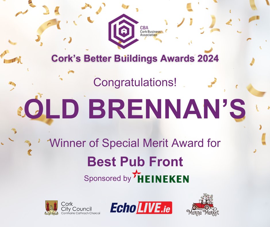 CBA Cork (@cba_cork) on Twitter photo Our next award category is for "Best Pub Front" - sponsored by <a href="/Heineken_IE/">Heineken Ireland</a>
Congratulations to Old Brennan's of Oliver Plunkett Street, winner of a special merit award! 🏆
#CorksBetterBuildings
<a href="/corkcitycouncil/">Cork City Council</a> | <a href="/echolivecork/">EchoLive.ie</a> | <a href="/MarinaMktCork/">Marina Market Cork</a> Our next award category is for "Best Pub Front" - sponsored by <a href="/Heineken_IE/">Heineken Ireland</a>
Congratulations to Old Brennan's of Oliver Plunkett Street, winner of a special merit award! 🏆
#CorksBetterBuildings
<a href="/corkcitycouncil/">Cork City Council</a> | <a href="/echolivecork/">EchoLive.ie</a> | <a href="/MarinaMktCork/">Marina Market Cork</a>