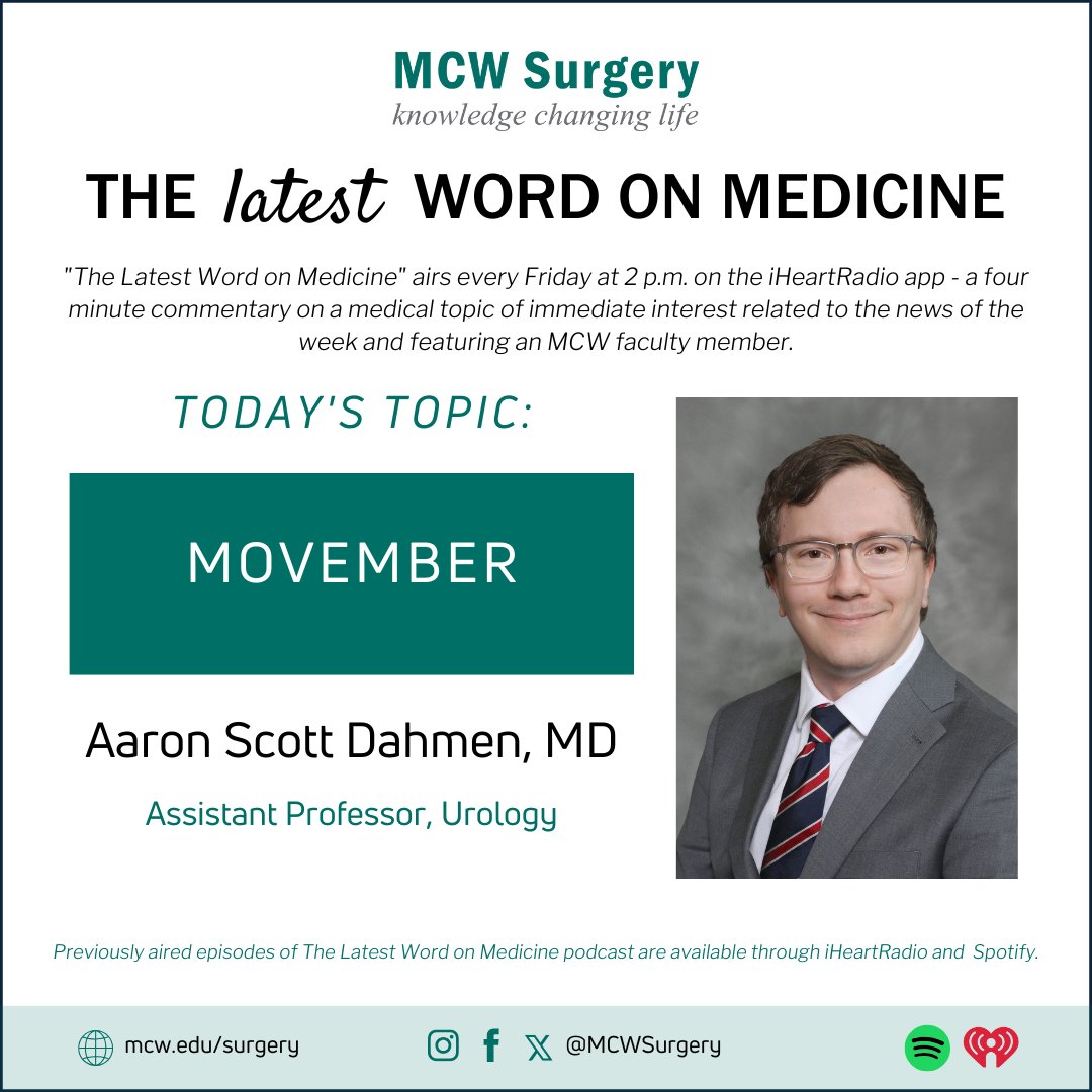 MCW Surgery (@mcwsurgery) on Twitter photo 🎙️The #LatestWordOnMedicine airs at 2PM on <a href="/iHeartRadio/">iHeartRadio</a> & will discuss Movember with <a href="/AaronDahmen/">Aaron Dahmen</a> <a href="/MCWurology/">MCW Urology</a>!
Listen here: ow.ly/OrPL50PM7B1
#LeadingTheWay <a href="/MedicalCollege/">Medical College of Wisconsin</a> <a href="/Froedtert/">Froedtert</a> 🎙️The #LatestWordOnMedicine airs at 2PM on <a href="/iHeartRadio/">iHeartRadio</a> & will discuss Movember with <a href="/AaronDahmen/">Aaron Dahmen</a> <a href="/MCWurology/">MCW Urology</a>!
Listen here: ow.ly/OrPL50PM7B1
#LeadingTheWay <a href="/MedicalCollege/">Medical College of Wisconsin</a> <a href="/Froedtert/">Froedtert</a>