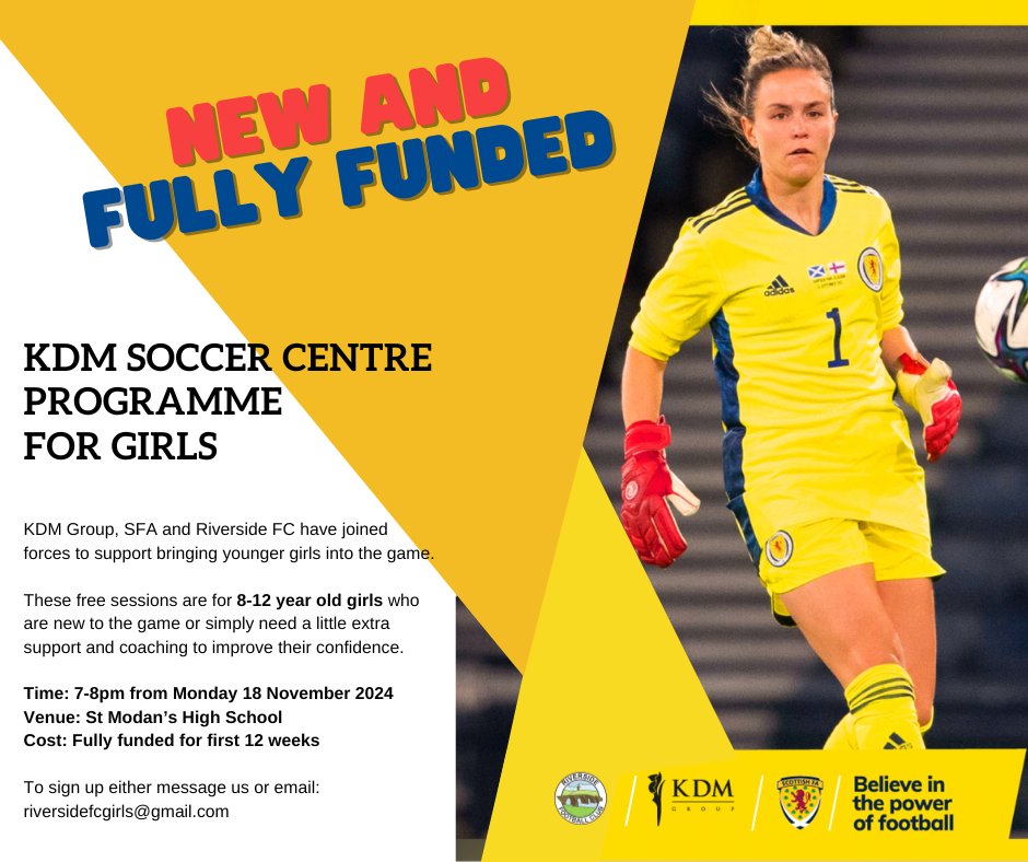 FREE Football sessions for Girls aged 8-12!

A terrific new funded programme from <a href="/RiversideFC89/">RiversideFC BofA</a> to help the introduction and development of the sport for girls. 

Starting next week, please share the poster below and contact the club for more details.