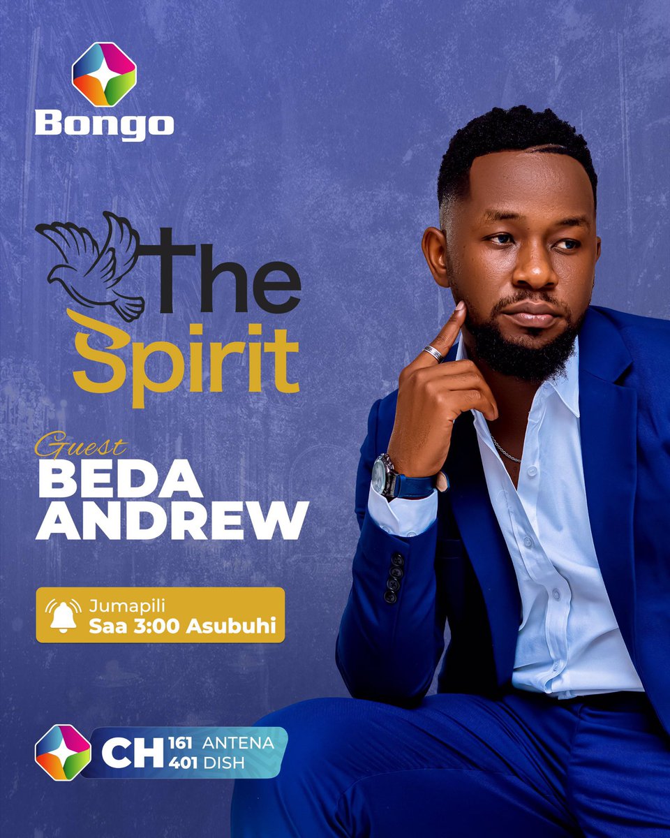 Jumapili hii #TheSpirit imepata baraka kutoka kwa Mwimbaji wa nyimbo za Injili <a href="/Bedaandrew4/">Bedaandrew</a> ambaye kuna mengi ameyazungumza ambayo hupaswi kuyakosa.

#TheSpirit ni jumapili saa 3:00 asubuhi ndani ya #STBongoTV kupitia kisimbuzi cha <a href="/startimestz/">StarTimes Tanzania</a> CH 161 (antena) CH 401 (Dish) m