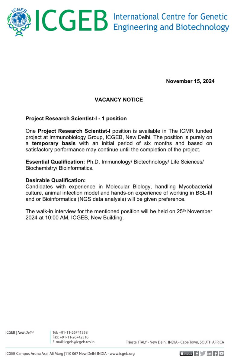 Vacancy Alert <a href="/ICGEBNewDelhi/">ICGEB, New Delhi</a> 
A Project Research Scientist position available in our #ImmunobiologyGroup