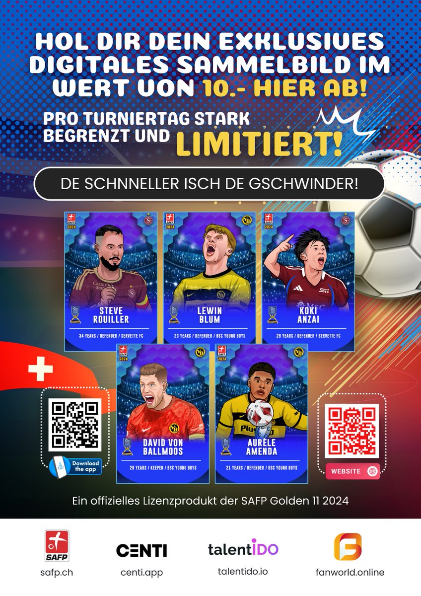 Grüezi Mitenand, #Schweiz #Digitale #Sammelkarten 

swiss-nft.soccer

Die ersten Motive der 2024-SAFP Golden 11 Edition sind auf der #Blockchain erhältlich über @centi Ab Samstag grosse Aktion auf dem Chlausturnier, dem grössten Jugend Fussballturnier in der #Schweiz..