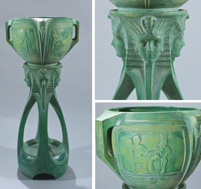 ClassicalMyths's tweet image. Art Deco Egyptian Revival ceramic jardinière (ornamental plant stand). 📷Manhattan Art &amp;amp; Antique Center.