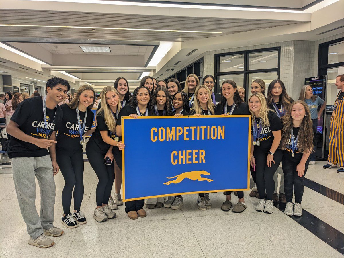CarmelHSCheer's tweet photo. Congratulations to our State Champions as they are celebrated during the walk of champions today!!! #statechamps #greyhoundnation #chscheer #PECTG https://t.co/lKMUeMQGKA