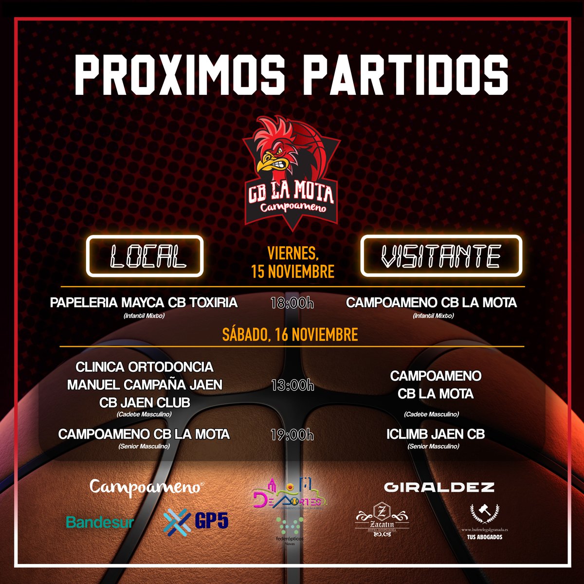 🏀 ¡Esta 𝘀𝗲𝗺𝗮𝗻𝗮 el baloncesto nos promete emociones de alto voltaje! 🔥 Nuestros equipos saltan a la cancha, en 𝗰𝗮𝘀𝗮 y 𝗳𝘂𝗲𝗿𝗮, listos para dejarnos sin aliento con cada jugada. 📋 Aquí te dejamos los 𝗛𝗢𝗥𝗔𝗥𝗜𝗢𝗦 ⬇️🙌 📣✨ 
.
#cblamota #baloncesto