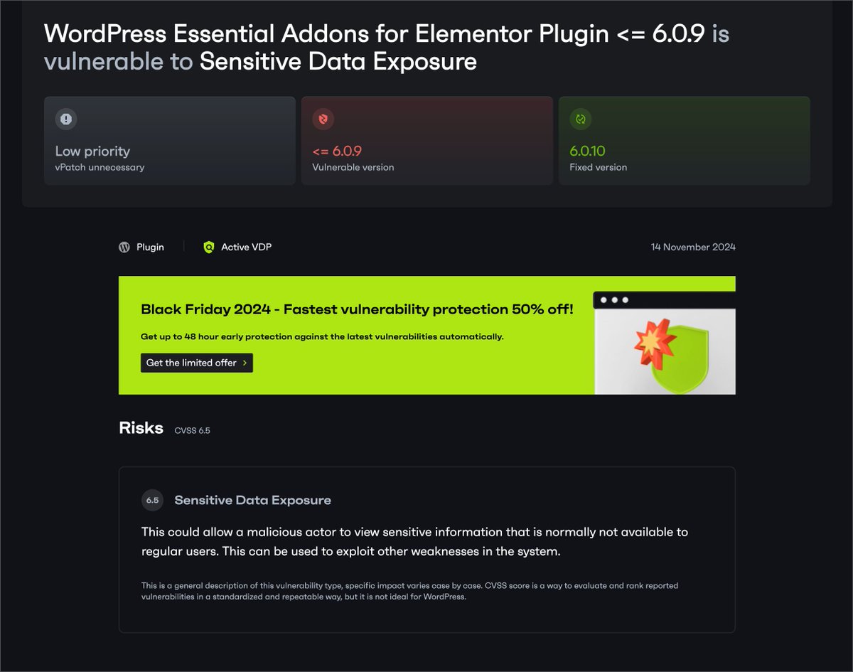 PartnerPressLLC's tweet photo. Yet another vulnerability has been found in the Essential Addons plugin for Elementor, compromising user privacy. If you're using this plugin, upgrade to 6.0.10 ASAP to secure your site. #CyberSecurity #WordPress https://t.co/lnZSjZAf6U https://t.co/VbwsuSaOGd