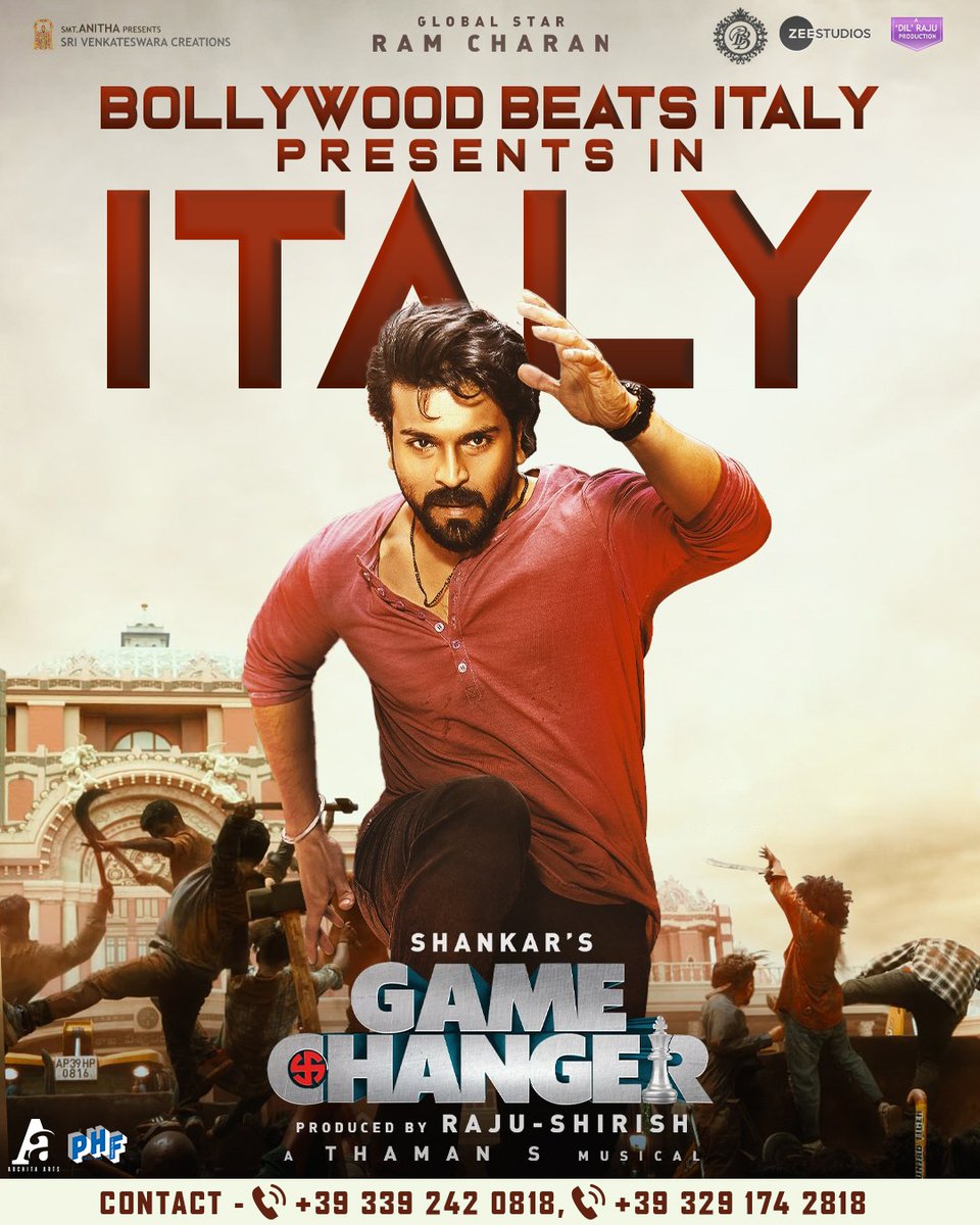 DISTRIBUTIONBBI's tweet photo. ITALY 
#GameChanger,Are you ready for unexpected?! ♟️💥

Telugu Premieres on Jan 9 
Global Star @AlwaysRamCharan @shankarshanmugh @advani_kiara @yoursanjali @iam_SJSuryah @MusicThaman @actorsrikanth @ArchitaArts https://t.co/TvAe4J9Dda